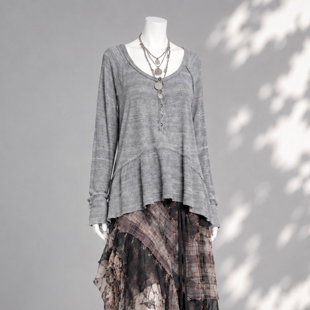 Free People We The Free Gray Peplum Henley Top S Oversized Thermal Cotton Tee
